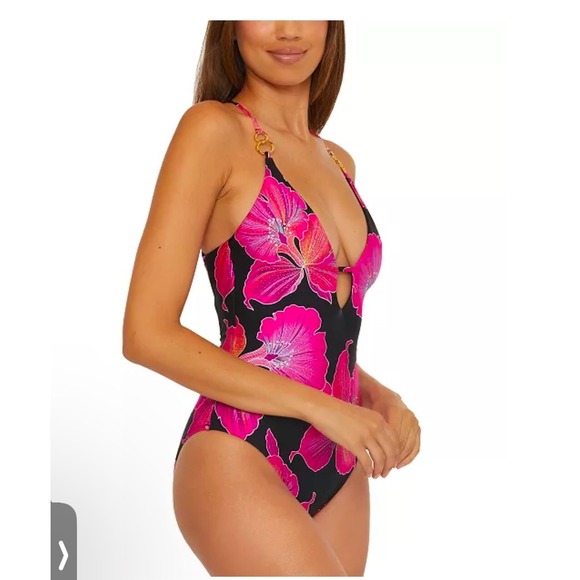 Trina Turk fleury pink black hibiscus flower one piece swimsuit size 14 new - Picture 5 of 14